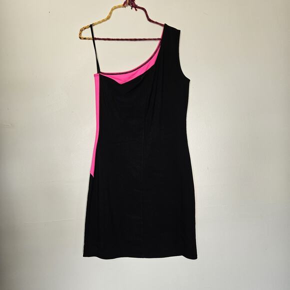 Vtg Y2K 90s Deb Mini Dress Size L One Shoulder Pink Black Bodycon Party HOCO - Picture 5 of 9
